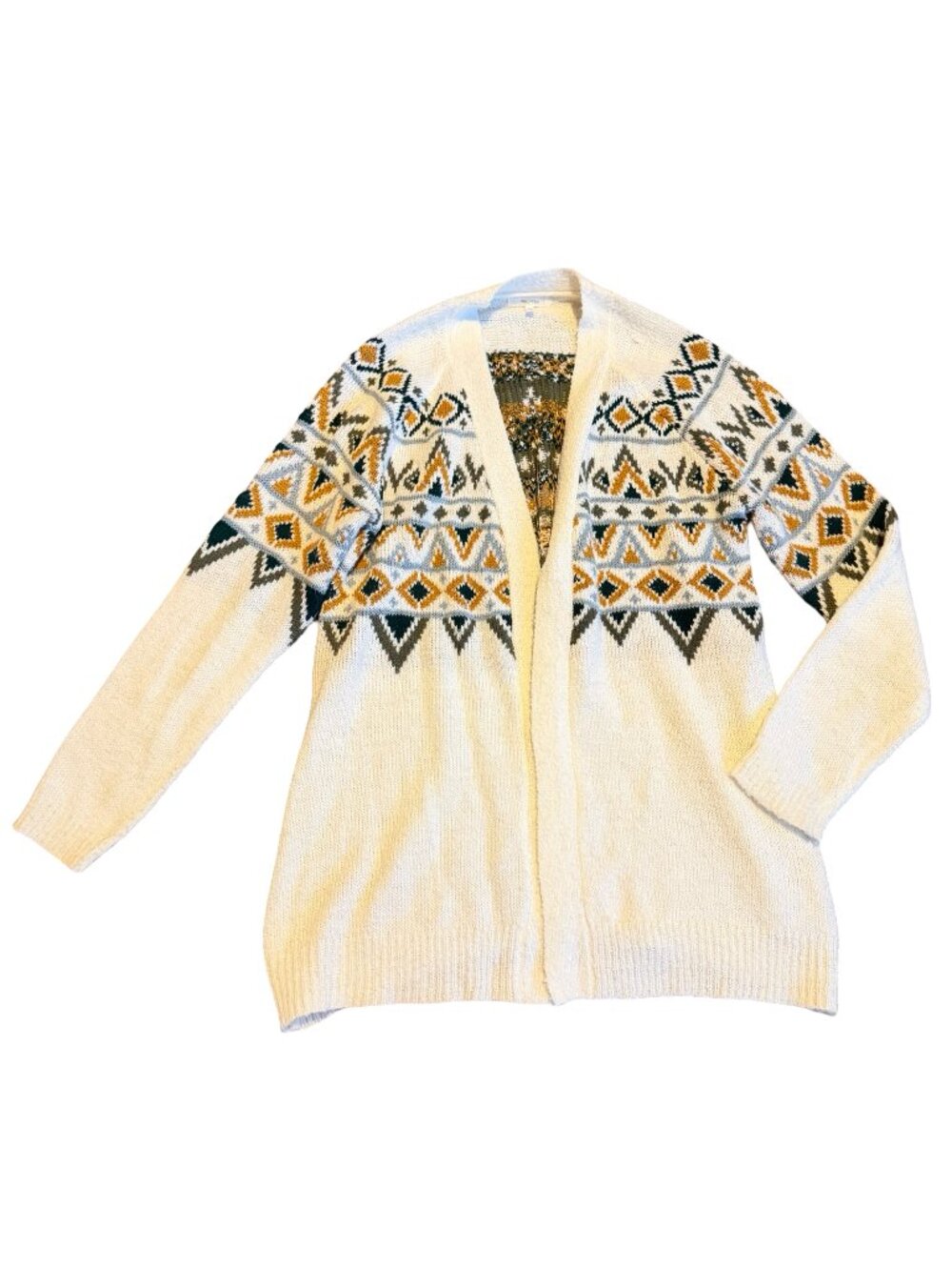 Maurices Cream Long Length Cardigan Sweater Open Front Tribal Fair Isle Medium